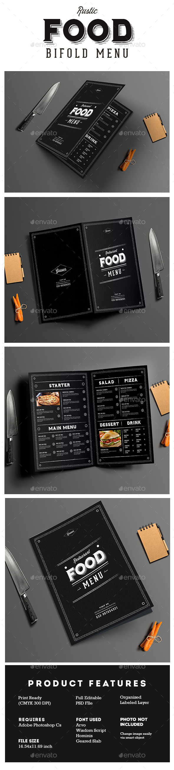黑色系列的餐厅菜单设计模板下载 Rustic Bifold Restaurant Menu [PSD]插图