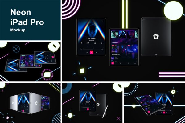 iPad Pro第三方设计屏幕预览样机模板 Neon iPad Pro Mockup