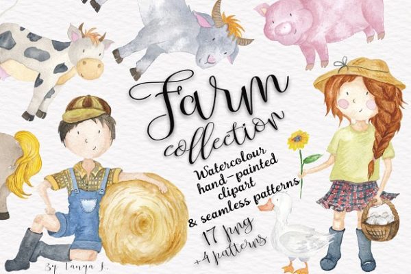 手绘水彩农场卡通小孩无缝插图 Farm Animals &amp; Kids Collection