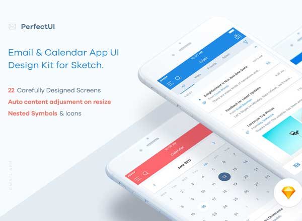 邮件日历行程类 APP UI 套件 Email &amp; Calendar UI/UX Kit (Sketch)