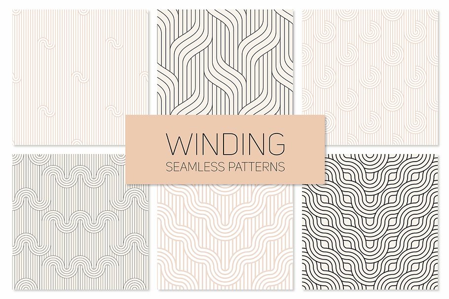 曲线线条几何图形花样素材 Winding Seamless Patterns. Set 2插图