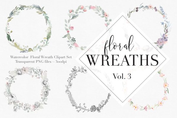 独特的手绘花卉花环剪贴画合集 Vol.3 Watercolor Floral Wreaths Vol.3