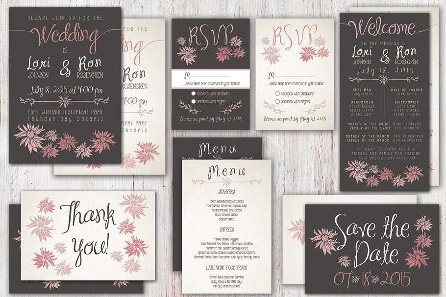 花卉装饰婚礼邀请函设计模板 Flower Wedding Invitation Suite插图(1)