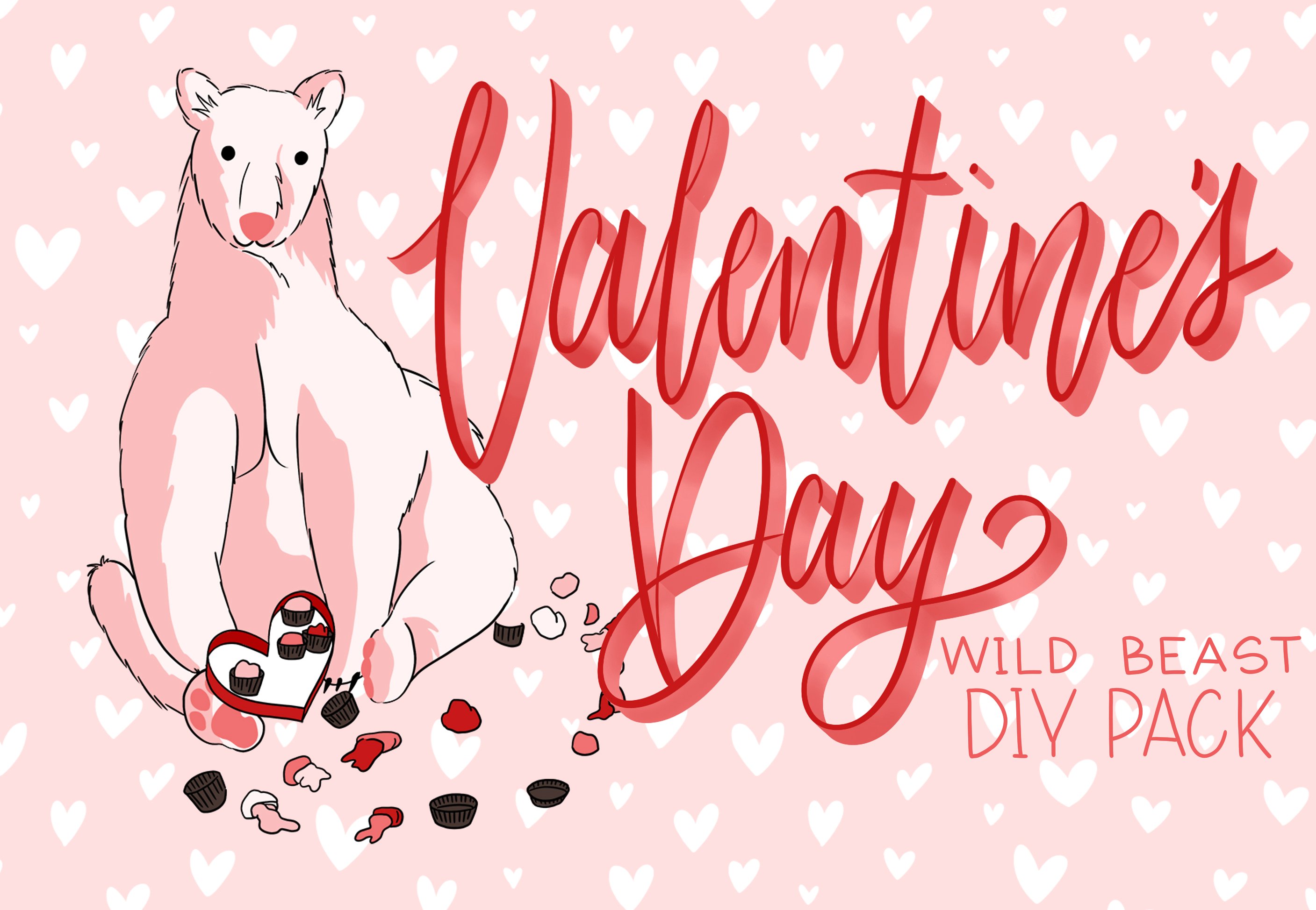 手绘风格的粉色野生动物情人节素材插图