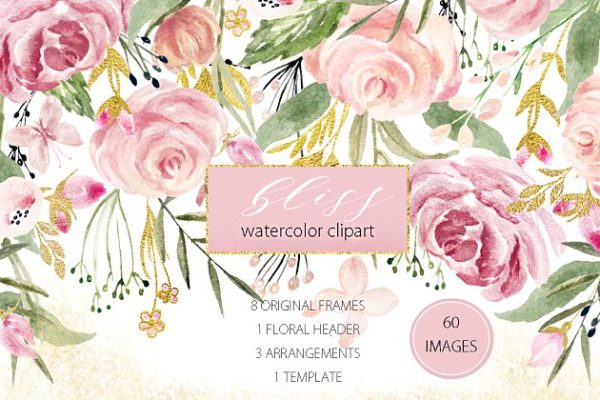 精致的手绘花卉水彩剪贴画 Watercolor clipart. Bliss. Pnik.