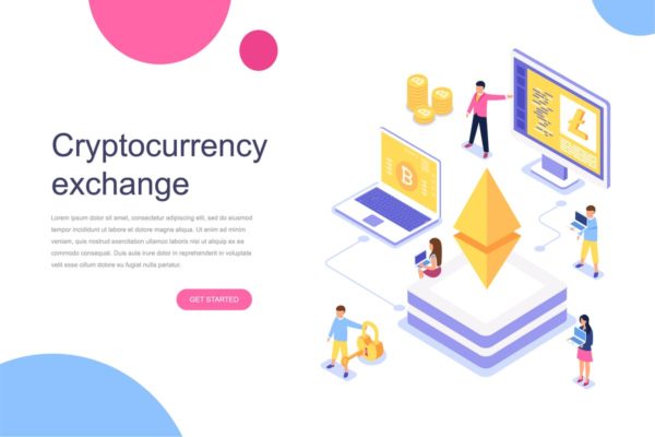 加密货币交易市场等距概念插画 Cryptocurrency Exchange Isometric Concept