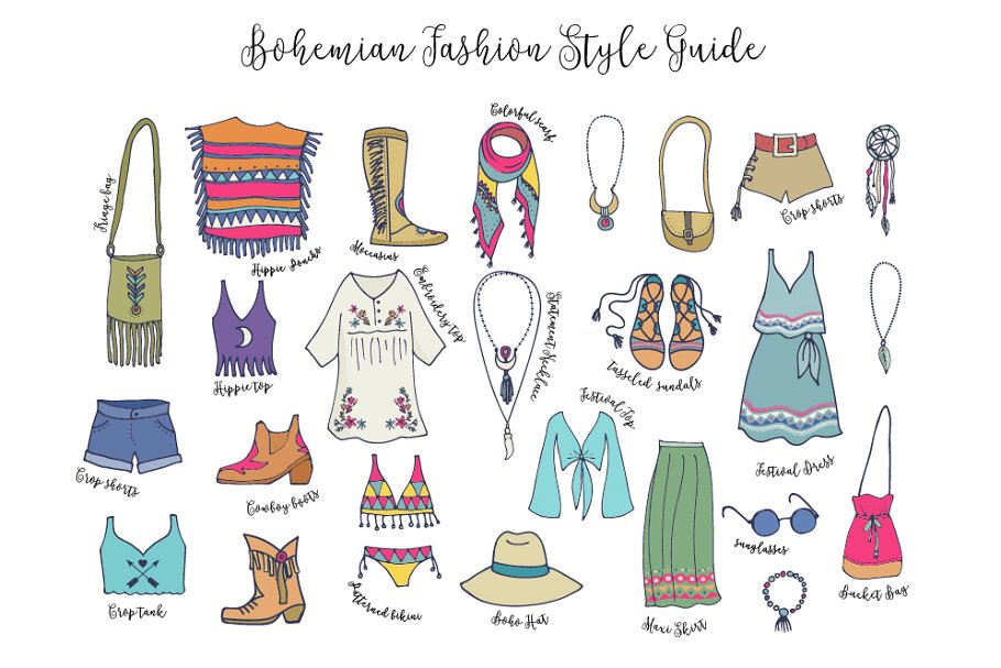 波希米亚夏天风格时尚服饰插画素材 Bohemian summer, huge bundle插图(2)