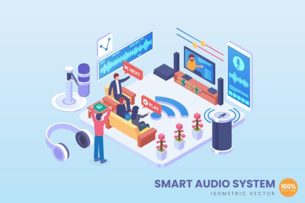智能音频系统场景2.5D等距概念矢量插画 Isometric Smart Audio System Vector Concept