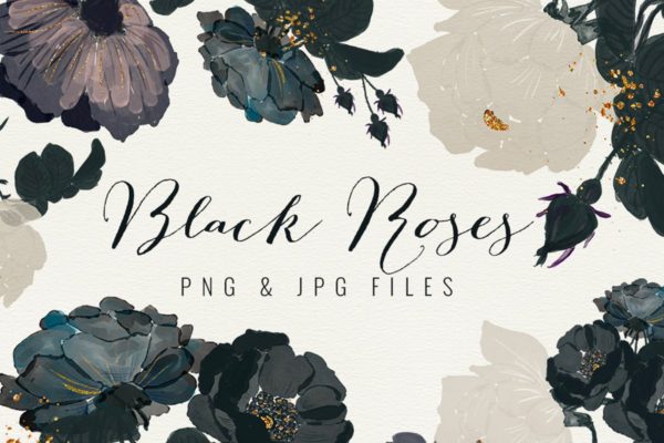 高雅黑色玫瑰手绘水彩剪贴画 Black Roses