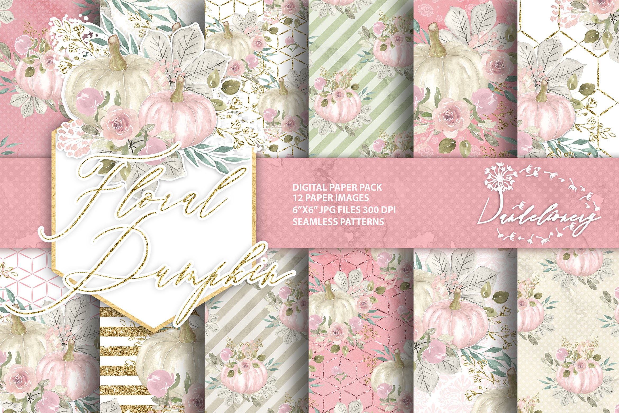 花卉&南瓜水彩手绘图案纸张设计素材 Floral pumpkin digital paper pack插图