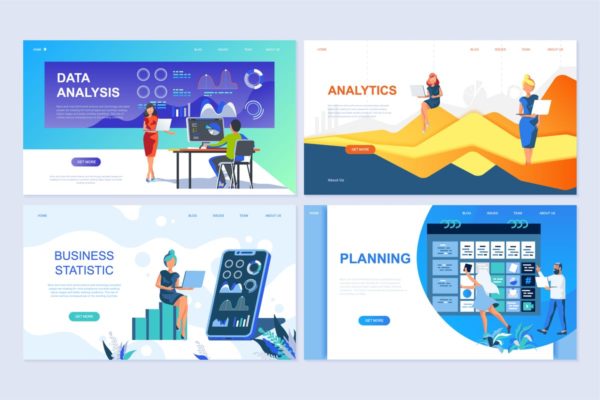 数据统计分析主题扁平化设计着陆页概念插画 Set of Landing Page Templates Flat Concept