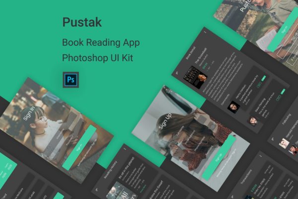电子书&amp;小说阅读APP应用UI设计PSD模板 Pustak – Book Reading UI Kit for Photoshop