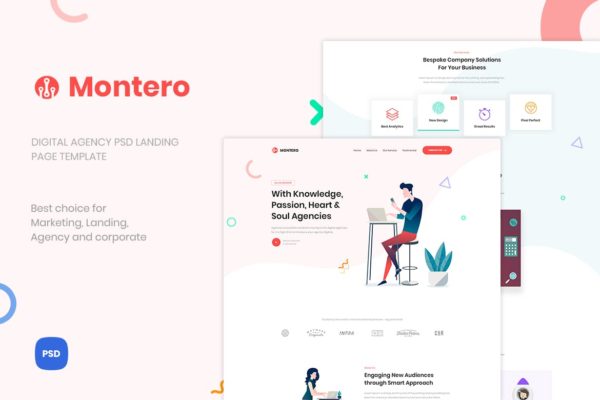 数字产品代理商网站着陆页设计模板 Montero – Digital Agency PSD Landing Page Template