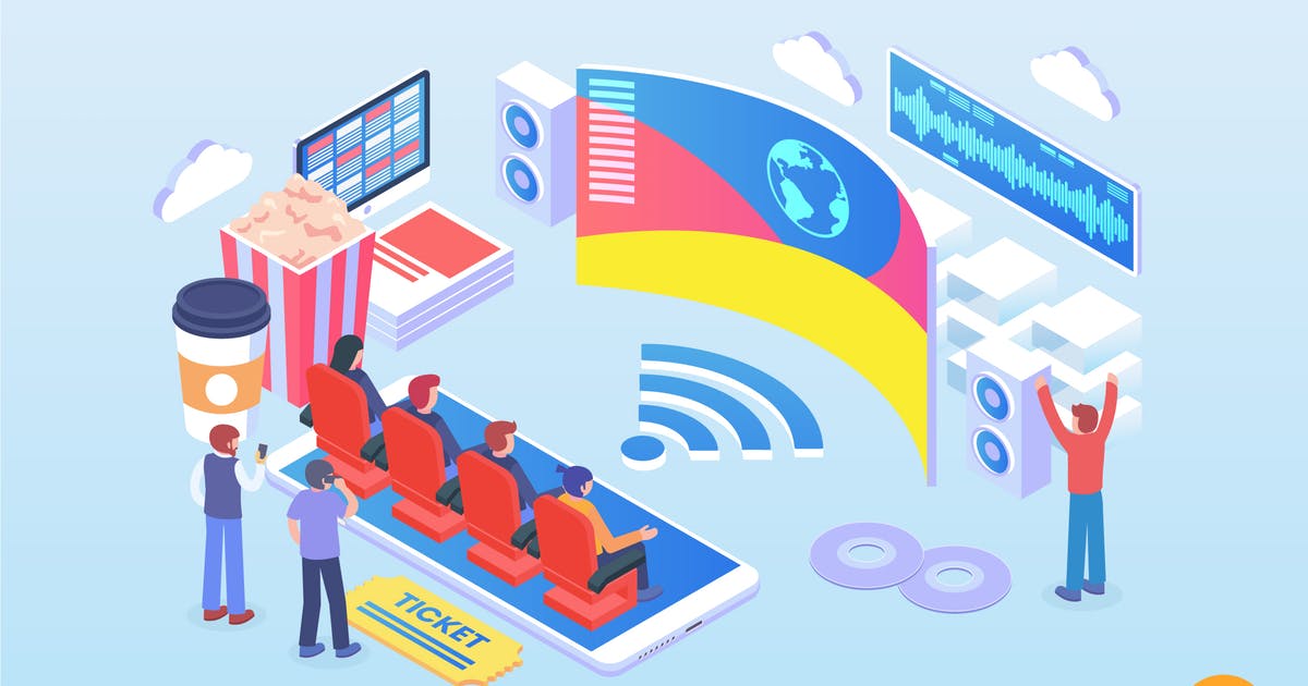 在线影院2.5D概念插画素材 Isometric Online Cinema Vector Concept插图