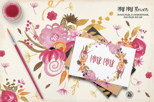 手绘水彩粉红色的花朵剪贴画素材 Pink Pink Flowers