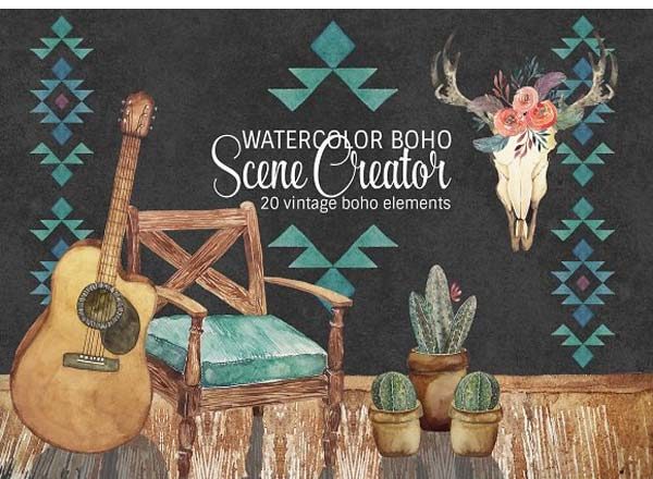 特色怀旧复古时尚水彩Boho场景素材包下载