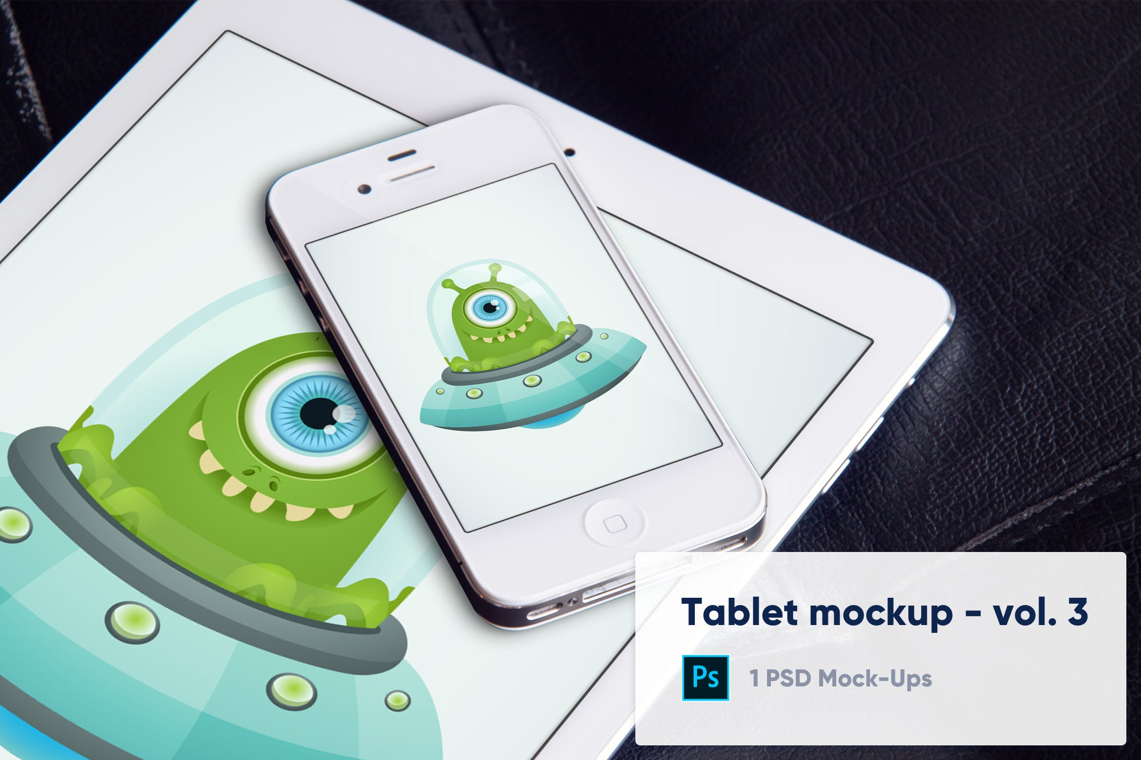 黑色皮套上的iPhone&iPad平板电脑素材库精选样机模板v3 Tablet Mockup on Black Leather Background – Vol. 3插图