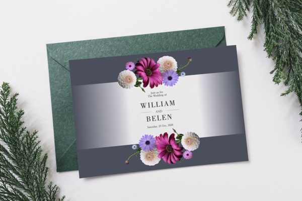 鲜花婚礼婚宴邀请函卡片模板 Floral Wedding Invitation Card