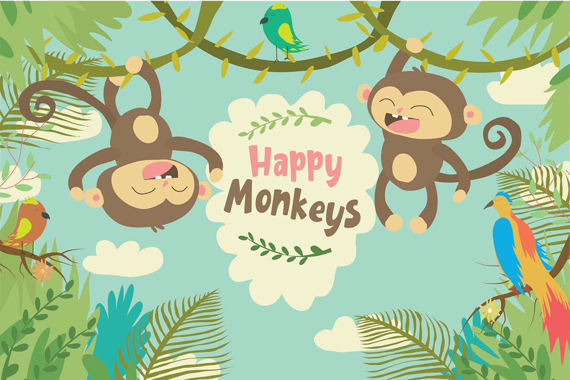 可爱的猴子手绘插画矢量图案素材 Happy Monkeys – Vector Illustration插图