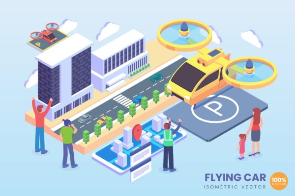 飞行器技术等距矢量素材库精选科技概念插画 Isometric Flying Car Technology Vector Concept