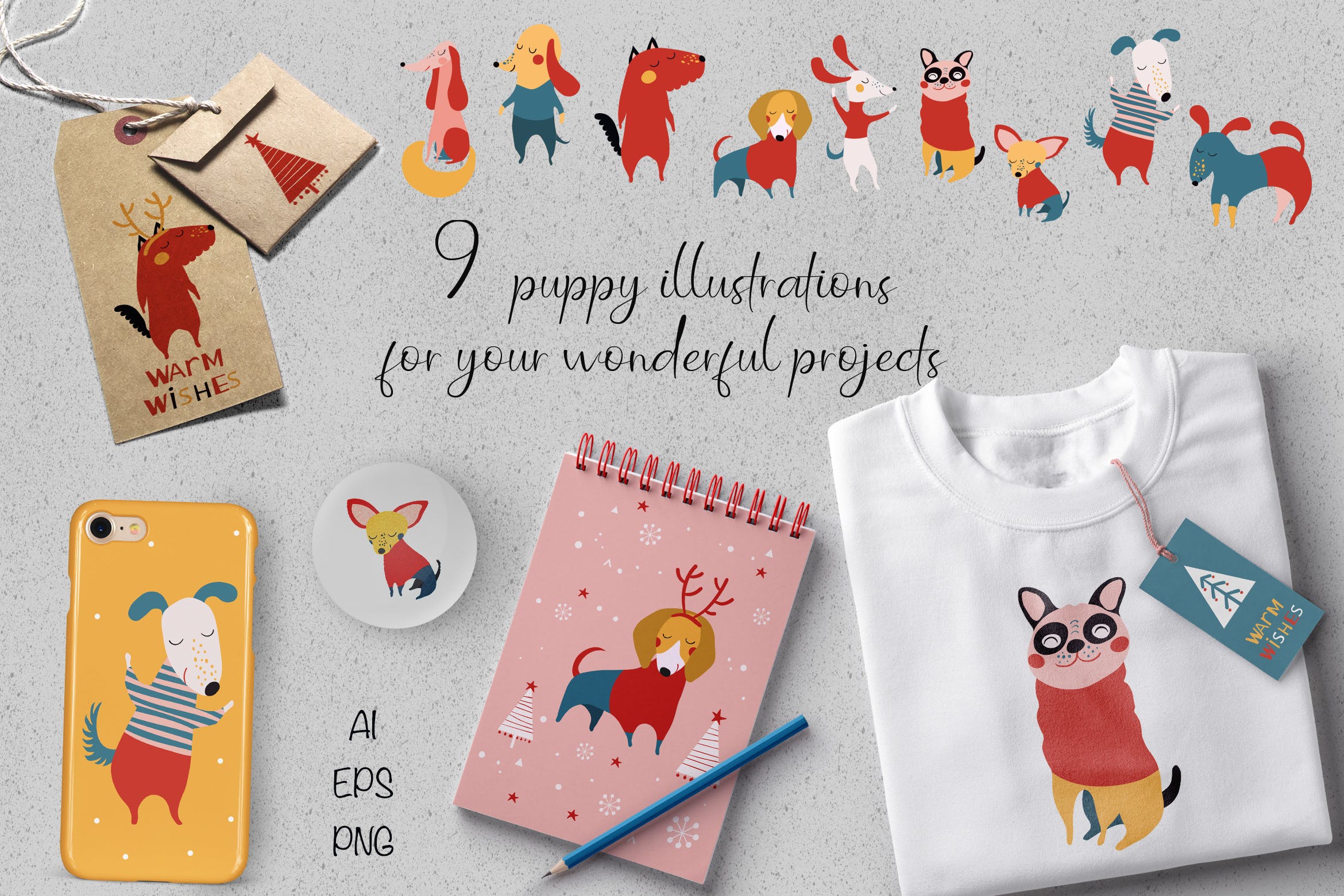 圣诞小狗可爱动物矢量手绘插画素材 Christmas Puppies插图