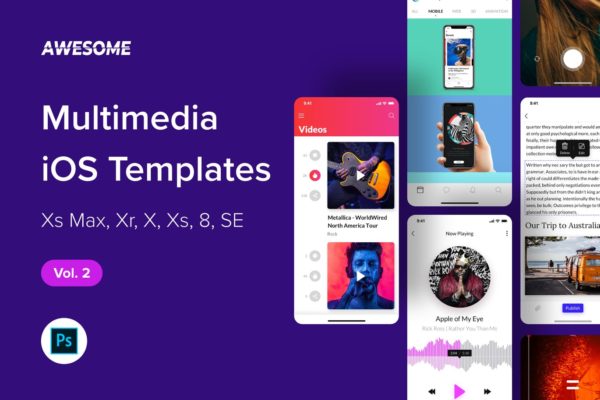 iOS手机多媒体APP应用UI设计套件PSD模板v2 Awesome iOS UI Kit – Multimedia Vol. 2 (Photoshop)