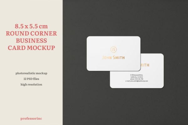 高端圆角企业名片设计图素材库精选套件 8.5×5.5 Landscape Business Card Mockup