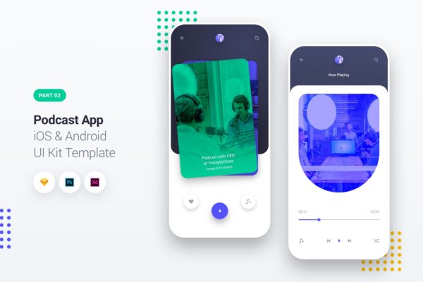 播客APP应用iOS&amp;Android界面设计UI套件2 Podcast Player App iOS &amp; Android UI Kit Template 2