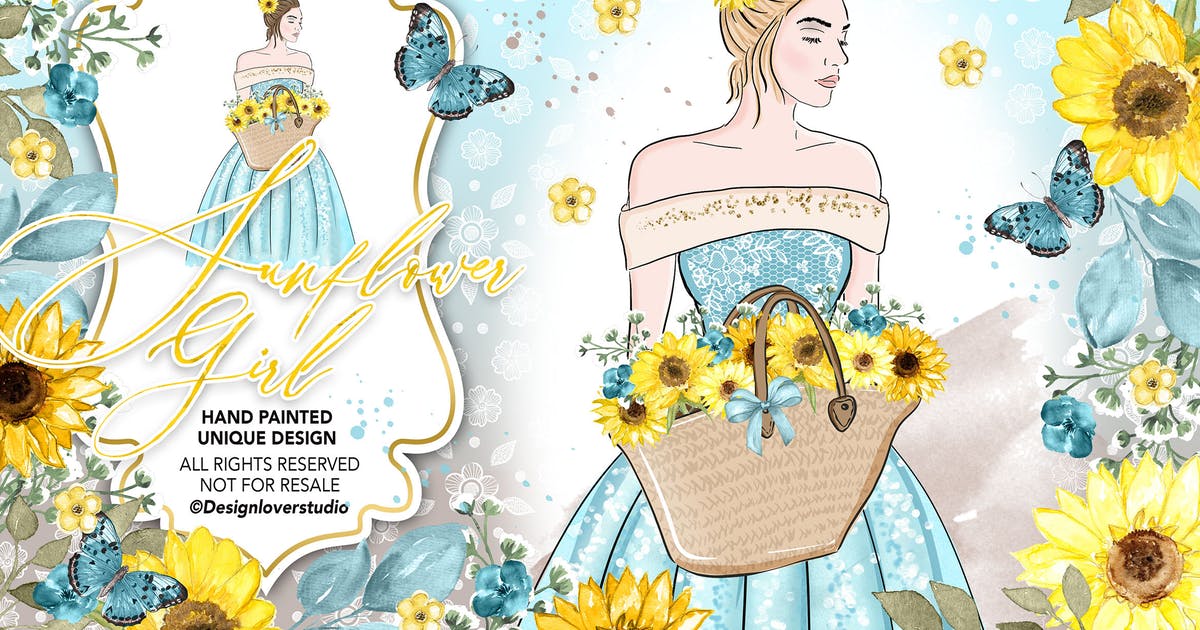 向日葵女孩水彩手绘插画设计素材 Sunflower Girl design插图