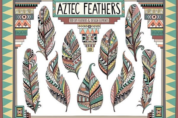 阿兹特克部落文化羽毛剪贴画套装 Aztec Tribal Feathers Clipart Set