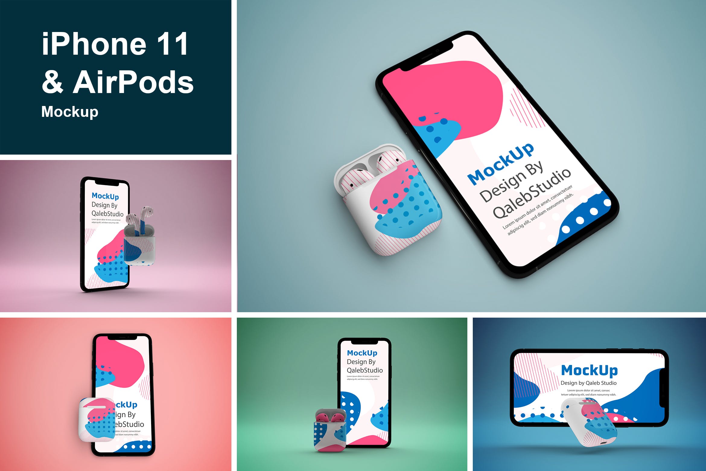创意设计风格iPhone 11 & AirPods样机模板 iPhone 11 & AirPods Mockup插图