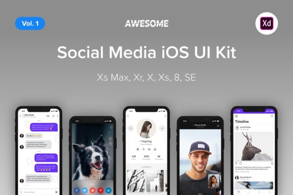 iOS手机应用社交APP应用UI设计套件XD模板 Awesome iOS UI Kit -Social Media Vol. 1 (Adobe XD)
