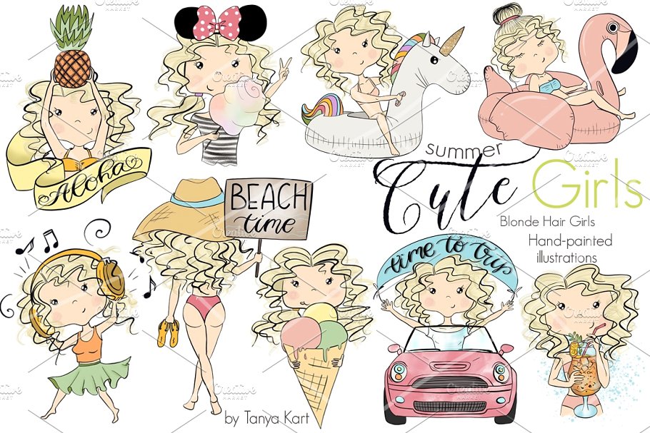 4组夏日少女剪贴画 Collection of 4 Sets Girls Summer插图(1)