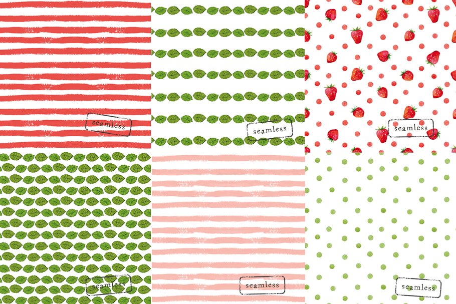 红色系水彩纸张图案纹理(手绘条纹,草莓,树叶和圆点等) Watercolor background插图(1)