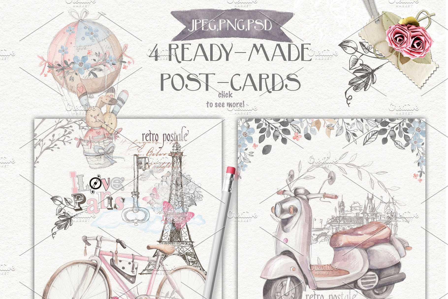 优雅文艺风自行车与玫瑰手绘插画元素 Bicycles and roses插图(4)