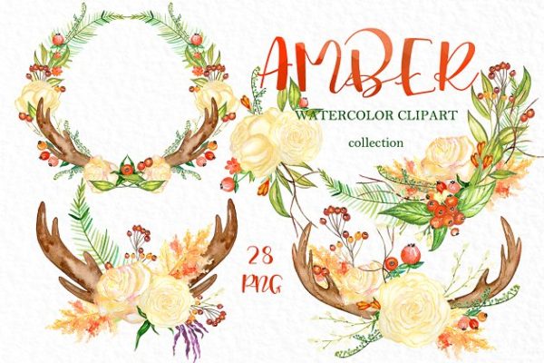 秋天水彩花卉花环剪贴画合集 Amber. Autumn watercolor clipart