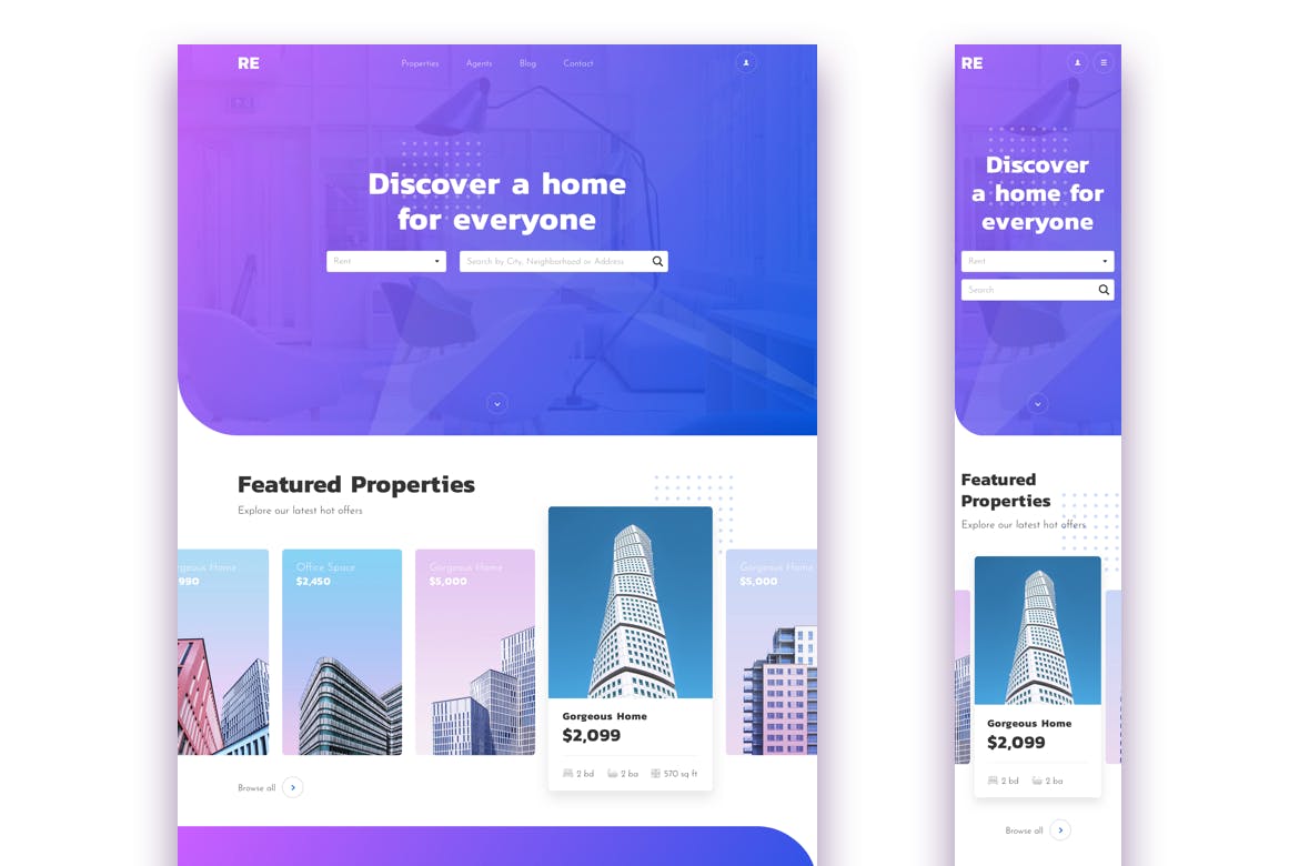 房地产销售中介网站响应式设计模板[SKETCH, XD] Real Estate Responsive Landing Page插图(1)