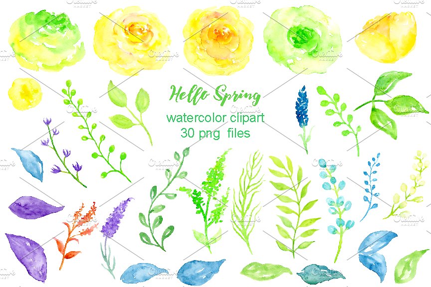 “您好,春天”-水彩花卉剪贴画 Watercolor Clipart Hello Spring插图(1)