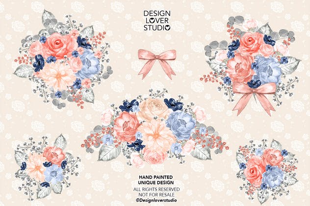 桃红色&海军蓝水彩剪贴画设计素材 Watercolor Peach and Navy design插图(1)