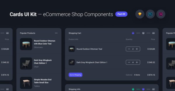 卡片式UI设计套件-网上商城小工具&amp;组件[夜间模式] Cards UI Kit – eCommerce Shop Widgets &amp; Components
