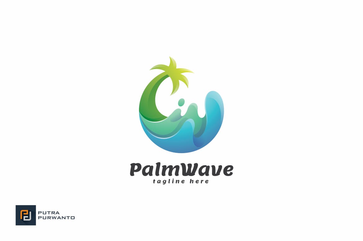棕榈树&海浪几何图形Logo设计素材库精选模板 Palm Wave – Logo Template插图(1)