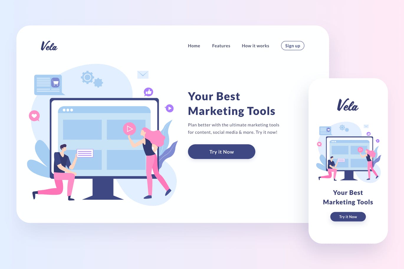 市场营销工具主题响应式网站设计矢量插画素材 Marketing Tools Illustration插图