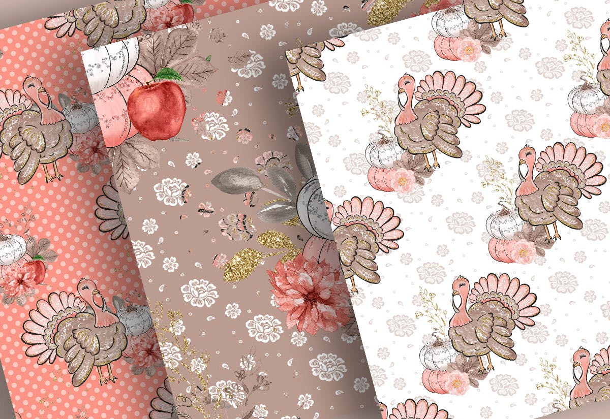 感恩节主题火鸡手绘图案数码纸张素材 Turkey Thanksgiving digital paper pack插图(1)