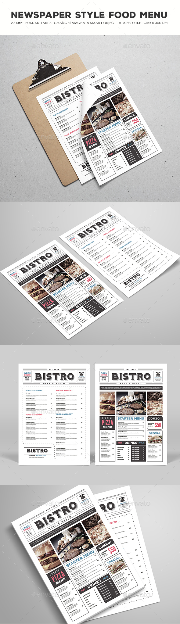 独特报纸式的食物菜单模板下载 Newspaper Style Food Menu [ai,psd]插图