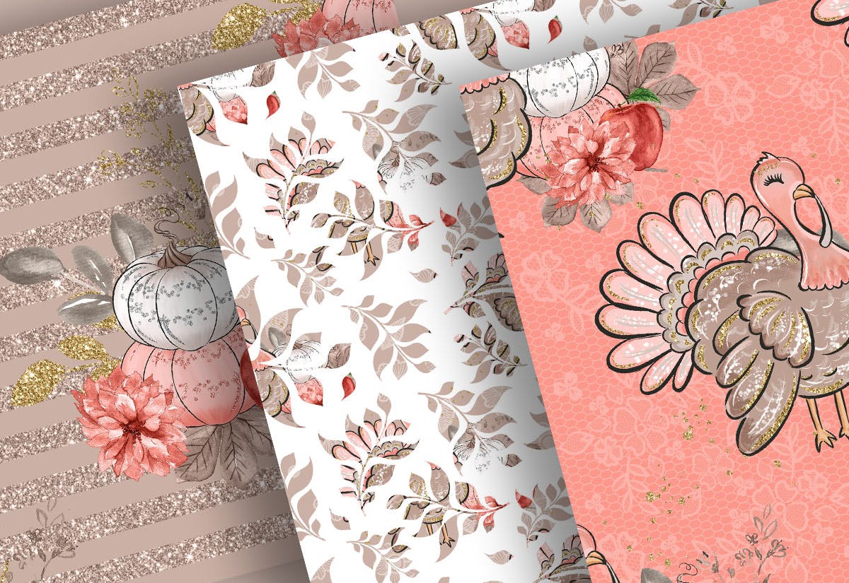 感恩节主题火鸡手绘图案数码纸张素材 Turkey Thanksgiving digital paper pack插图(4)