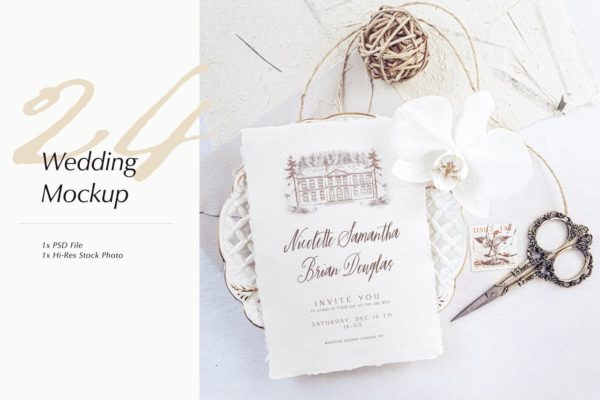 婚礼照片婚礼邀请函优雅风格设计样机素材库精选模板v24 Wedding Photo Mockup 24