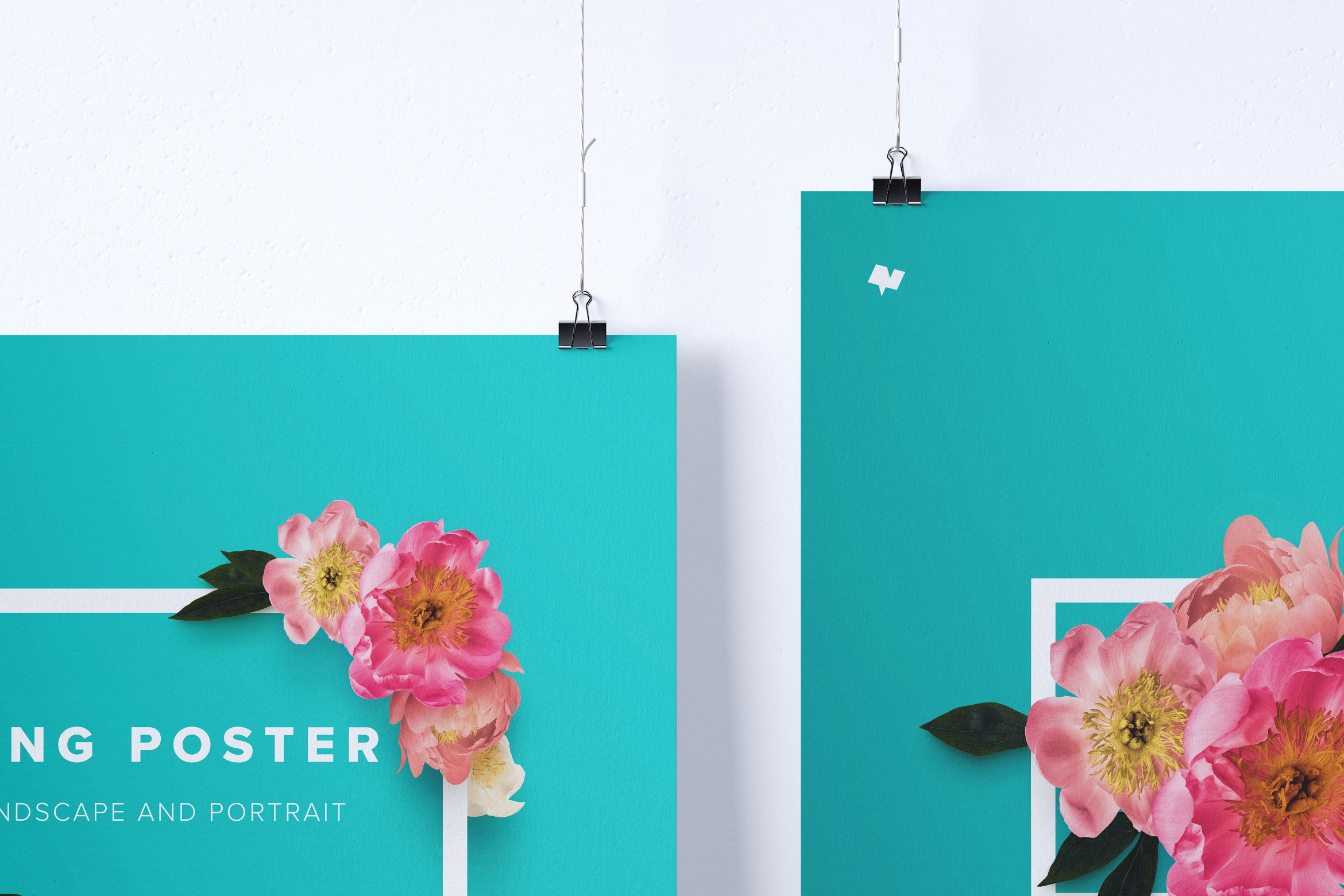 横向&纵向悬挂海报设计效果图样机模板 Two hanging poster mockup, landscape and portrait view插图(1)