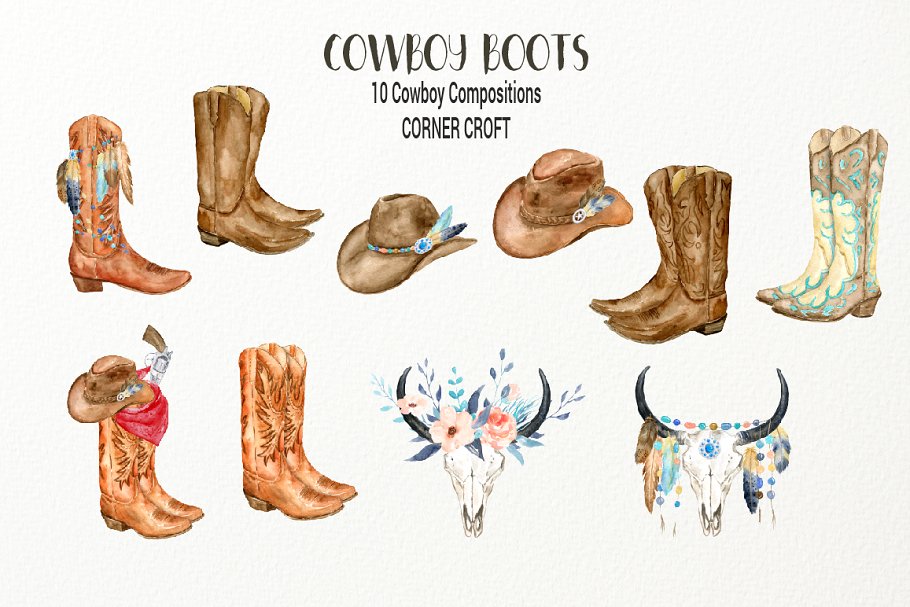 经典水彩牛仔靴剪贴画 Watercolor Cowboy Boots Illustration插图(2)