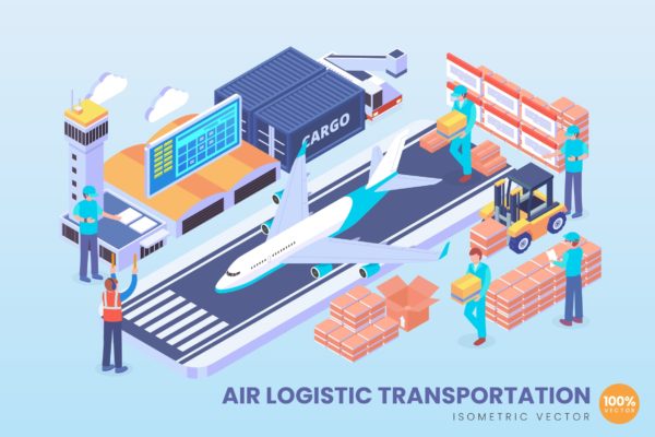 航空物流主题等距矢量科技素材库精选概念插画v1 Isometric Air Logistic Vector Concept