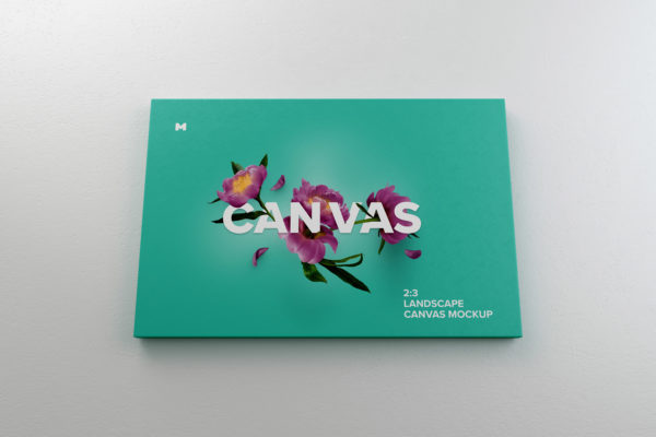 挂墙画布画框相片&amp;绘画作品展览底面视图样机 3:2 Landscape Canvas Mockup Hanging on Wall, Bottom Front View
